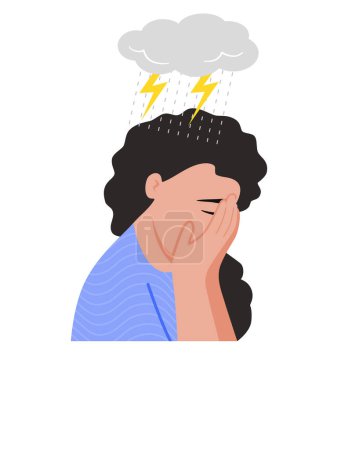 Ilustración de Depressed woman covered her face with her hands and thunder and strom sign of depress above her head, depress and anxiety concept. flat vector illustration. - Imagen libre de derechos
