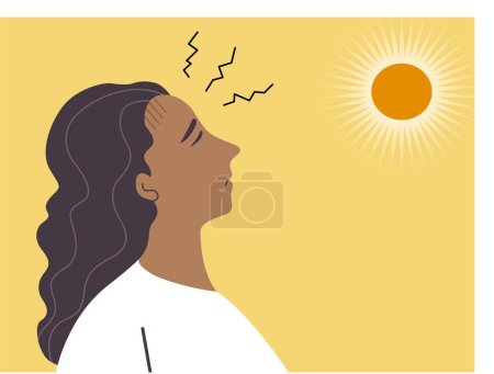 Illustration for A woman standing under sun light on hot weather and having headache, sunstroke concept. flat vector illustration. - Royalty Free Image