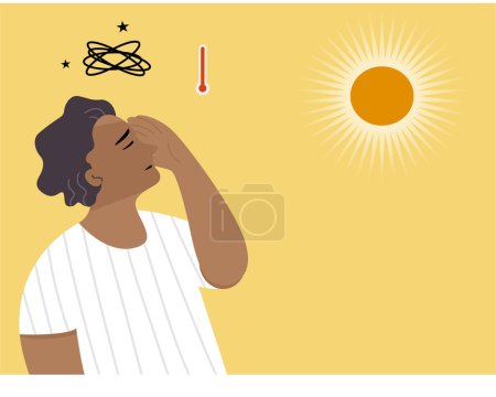 Illustration for A man standing under sun light on hot weather and having headache, breathless, dizzy and chest pain. sunstroke concept. flat vector illustration. - Royalty Free Image