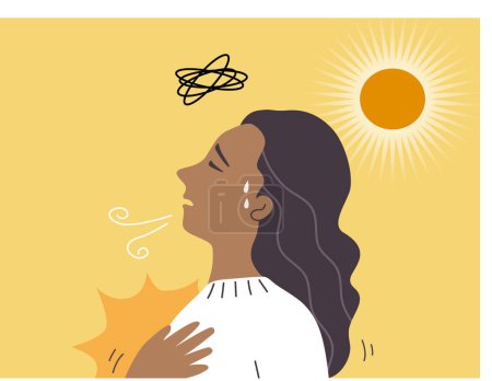 Illustration for A woman standing under sun light on hot weather and having headache, breathless, dizzy and chest pain. sunstroke concept. flat vector illustration. - Royalty Free Image