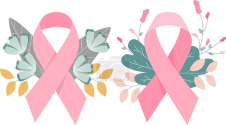 Téléchargez les illustrations : Breast cancer ribbons and flowers for banner or poster, Breast cancer day concept. flat vector symbols. - en licence libre de droit