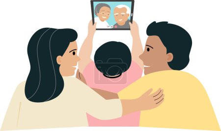 People video communication using tablet. Family talking online at home, online communication concept. flat vector illustation.