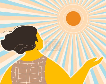 A tan skin woman under the sunshine for get more vitamin D from the sun light, healthy lifestyle concept. flat vector illustration.