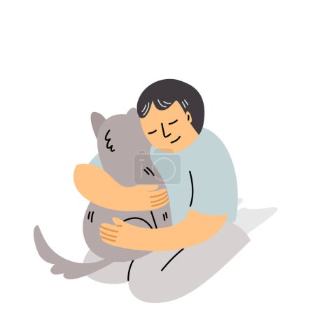Téléchargez les illustrations : Isolated of a man hugging a dog, therapy dog concept, flat vector illustration. - en licence libre de droit