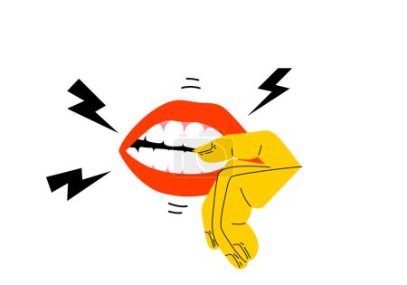 Illustration for Isolated of mouth with lip and nail biting disorder, Body focused repetitive behaviors (BFRBs) symptom. Flat vector illustration. - Royalty Free Image