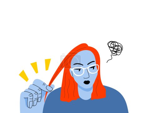 Ilustración de Isolated of woman with hair pulling disorder, Body focused repetitive behaviors (BFRBs) symptom. Flat vector illustration. - Imagen libre de derechos