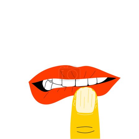 Ilustración de Isolated of mouth with lip and nail biting disorder, Body focused repetitive behaviors (BFRBs) symptom. Flat vector illustration. - Imagen libre de derechos
