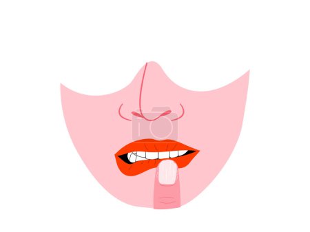 Ilustración de Isolated of human's face showing the lip and nail biting disorder, Body focused repetitive behaviors (BFRBs) symptom. Flat vector illustration. - Imagen libre de derechos