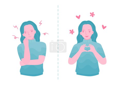 Téléchargez les illustrations : Two emotionally opposite woman portraits. sad and happy woman, flat vector illustration. - en licence libre de droit
