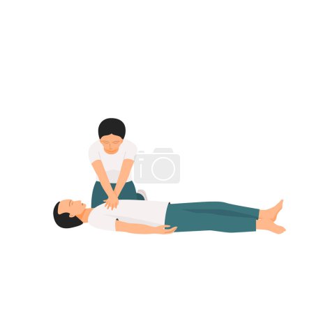 Illustration for Chest Compressions in cardiopulmonary resuscitation (CPR) emergency rescue process on human heart attack, flat vector illustration. - Royalty Free Image
