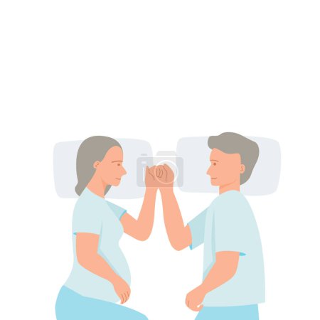Téléchargez les illustrations : Pregnant wife and husband holding hand together on bed, happy couple concept. flat vector illustration. - en licence libre de droit