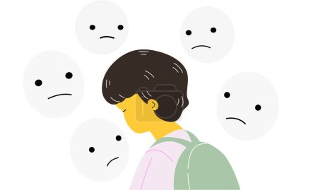 Illustration for A boy get stress and sad emotion with stigma. Kid mental health concept. flat vector illustration. - Royalty Free Image