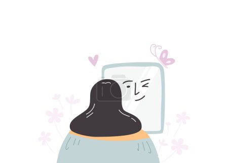 A woman doing positive self talk in front of mirror, mental health concept. Flat vector illustration.