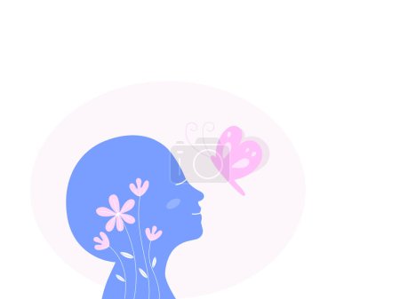 Ilustración de Una silueta de olfato humano y emoción feliz con flores y mariposa, concepto de salud mental. ilustración vectorial plana. - Imagen libre de derechos