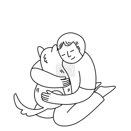 Ilustración de Aislado de un niño abrazando a un perro, dibujo animado contorno negro. - Imagen libre de derechos