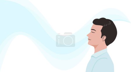 Illustration for Side view of a relax man breathing fresh air on bright backgroud. flat vector illustration - Royalty Free Image