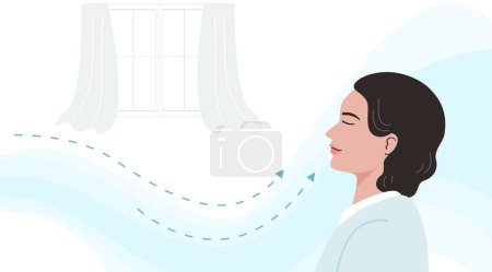 Illustration for Side view of a smiling woman breathing fresh air at home. Flat vector illustration. - Royalty Free Image