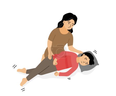 Illustration for Isolated of a child boy with epileptic seizures and mother with pillow on his head, Hand draw flat vector epilepsy illustration. - Royalty Free Image