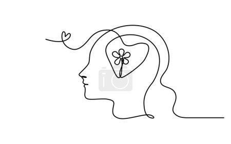 Ilustración de Continuous line art of a person with a flower inside human head and heart symbol, lineart vector illustration. - Imagen libre de derechos