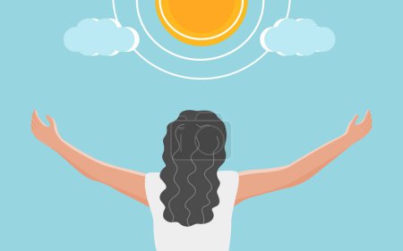 Eine Frau unter dem Sonnenlicht für mehr Vitamin D aus der Sonne zu bekommen, gesundes Lebenskonzept. flache Vektorabbildung.