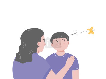 Mom talking with ADHD boy, he having a short attention span and being easily distracted. Flat vector illustration.
