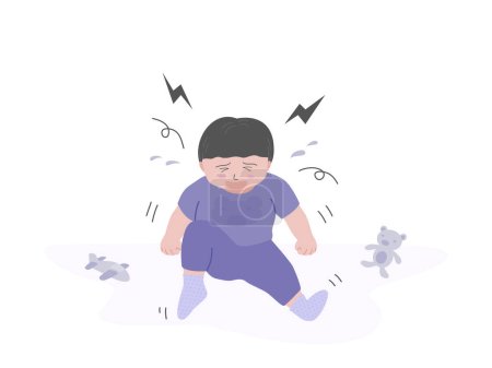 Crying child boy sitting on the floor and crying with sad emotion, flat vector illustration.