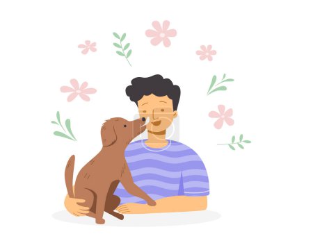 A dog licking of a boy's face, dog therapy concept. Flat vector illustration.