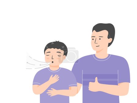Téléchargez les illustrations : Exercice de respiration d'enfant détendu avec son père. illustration vectorielle plate. - en licence libre de droit