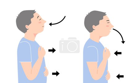 Téléchargez les illustrations : Deux garçons debout et font de l'exercice respiratoire pour soulager le stress, illustration vectorielle plate. - en licence libre de droit