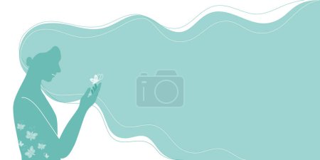 Ilustración de Silueta de mujer sonriente con mariposas en el estómago, concepto de salud mental. Banner de ilustración de vector plano. - Imagen libre de derechos
