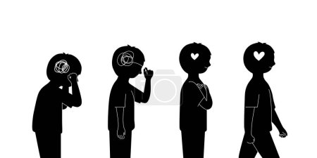Illustration for The silhouette of kid is move on his stress, hugging self and understrand problem. mental health concept in vector illustration. - Royalty Free Image