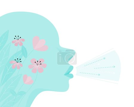Téléchargez les illustrations : Silhouette de femme respirante avec des fleurs en illustration vectorielle plate. - en licence libre de droit