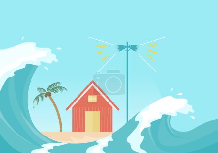 Illustration for Tsunami wave and Tsunami siren warning loudspeakers on the beach, flat vector illustration. - Royalty Free Image