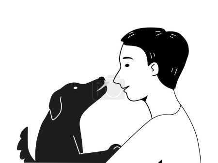 Hand drawn of a child boy with his dog in outline cartoon.