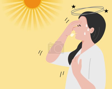 Eine Frau hat einen Sonnenstich, anstrengend und schwindelerregend. Flache Vektorabbildung.