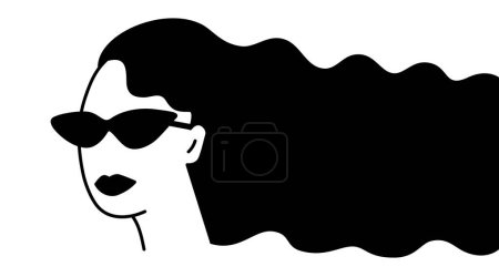 A fashionista woman with cat eye sunglasses, black and white outline cartoon.
