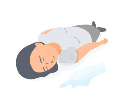 Isolated of a woman fainting on the floor with Spilled water and water bottle. Flat vector illustration.