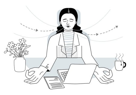 Ilustración de Una mujer hace yoga respiratorio en su escritorio sobre el lugar de trabajo, el trabajo y el concepto de equilibrio de la vida. Esquema ilustración vectorial. - Imagen libre de derechos