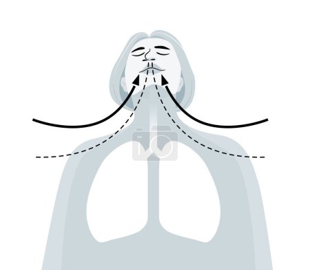 Woman deep breathing and silhouette of lungs in flat vector illustration.