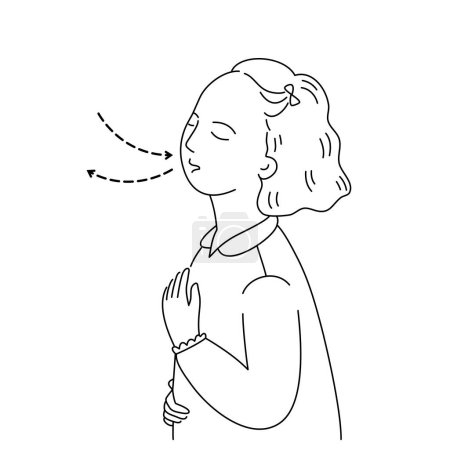 Ilustración de Relaxed child girl breathing exercise for manage her stress and depression. out line cartoon vector. - Imagen libre de derechos