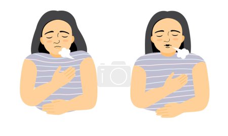 Girl doing breath exercise for calm stress relief in flat vector illustration.