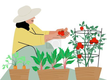 Une personne est le jardinage et la culture des aliments, concept de pratiques durables. Illustration vectorielle plate.