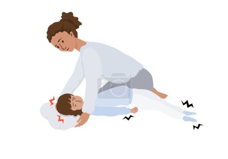 Isolated of a child girl with epileptic seizures and mother with pillow on her head, Hand draw flat vector epilepsy illustration.