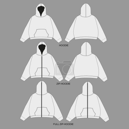 Hoodie sweatshirt flat technical drawing illustration mock-up template. Full Zip Up Hoodie Unisex Sweatshirt. Women Hoodie Vector Illustration