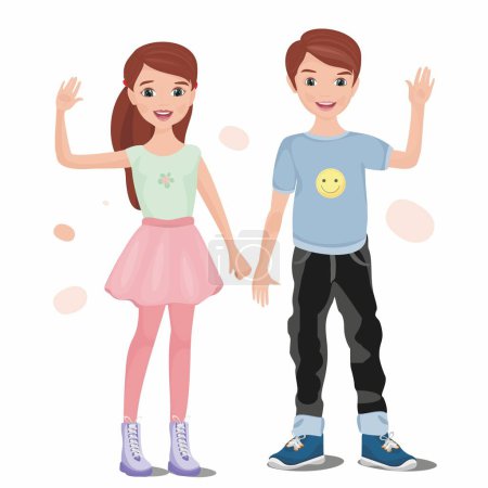 Téléchargez les illustrations : Cartoon beautiful boy and girl. Isolated on white background. The girl and the boy happily wave their hands. Vector flat illustration. - en licence libre de droit