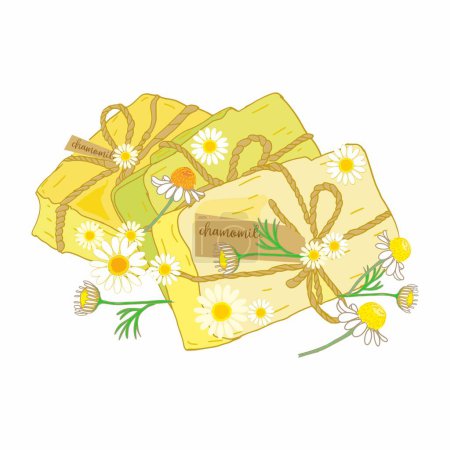 Téléchargez les illustrations : Handmade natural chamomile soap. Vector illustration. - en licence libre de droit