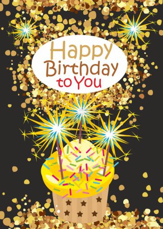 Illustration for Happy birthday to you, greeting card, festive cupcake with candles, sparks, on black background, golden confetti, vector illustration - Royalty Free Image