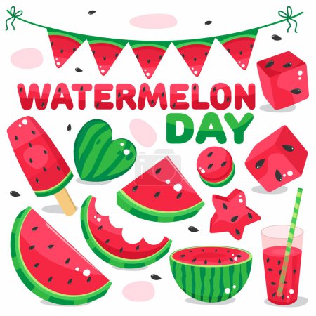 Watermelon Day Vector Clipart. Watermelon slices, holiday watermelon flags, watermelon ice cream, juice, watermelon heart, bitten off slice, watermelon day lettering