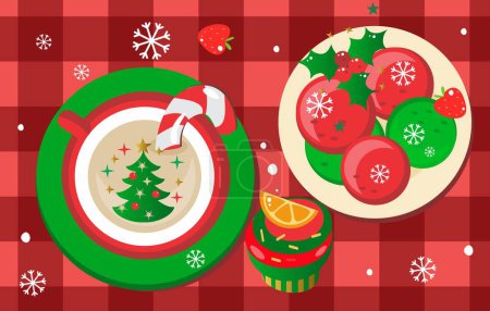 Illustration for Christmas table top view, Christmas red tablecloth, mug with candy cane, Christmas cookies, macaroons, New Year's cupcake, shamrock, snowflakes. Red green vector illustration. - Royalty Free Image