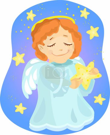 Téléchargez les illustrations : Mignon petit ange avec des ailes tient une étoile dans ses mains. Illustration vectorielle - en licence libre de droit
